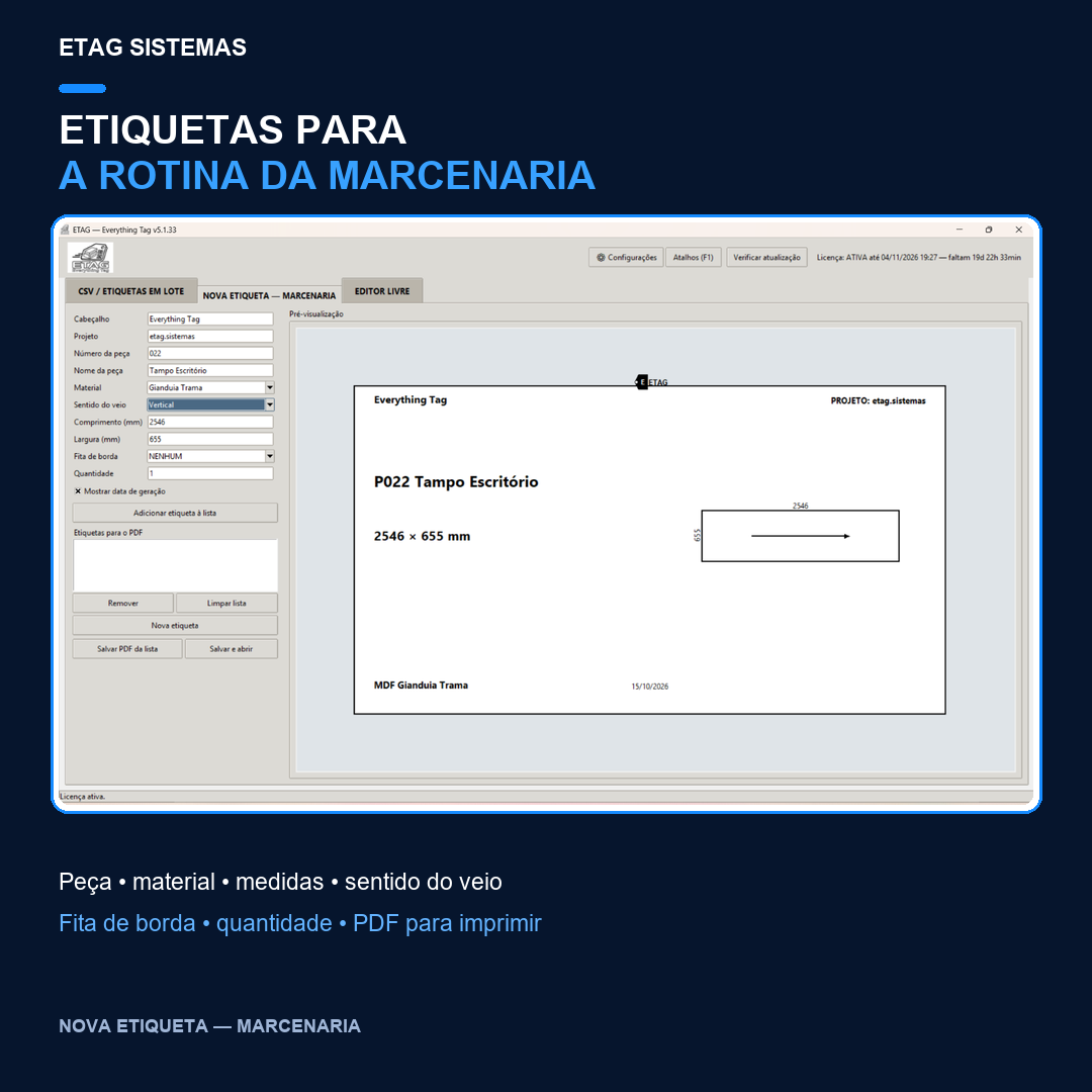 Tela do ETAG no recurso Nova Etiqueta — Marcenaria, com dados da peça e prévia da etiqueta.