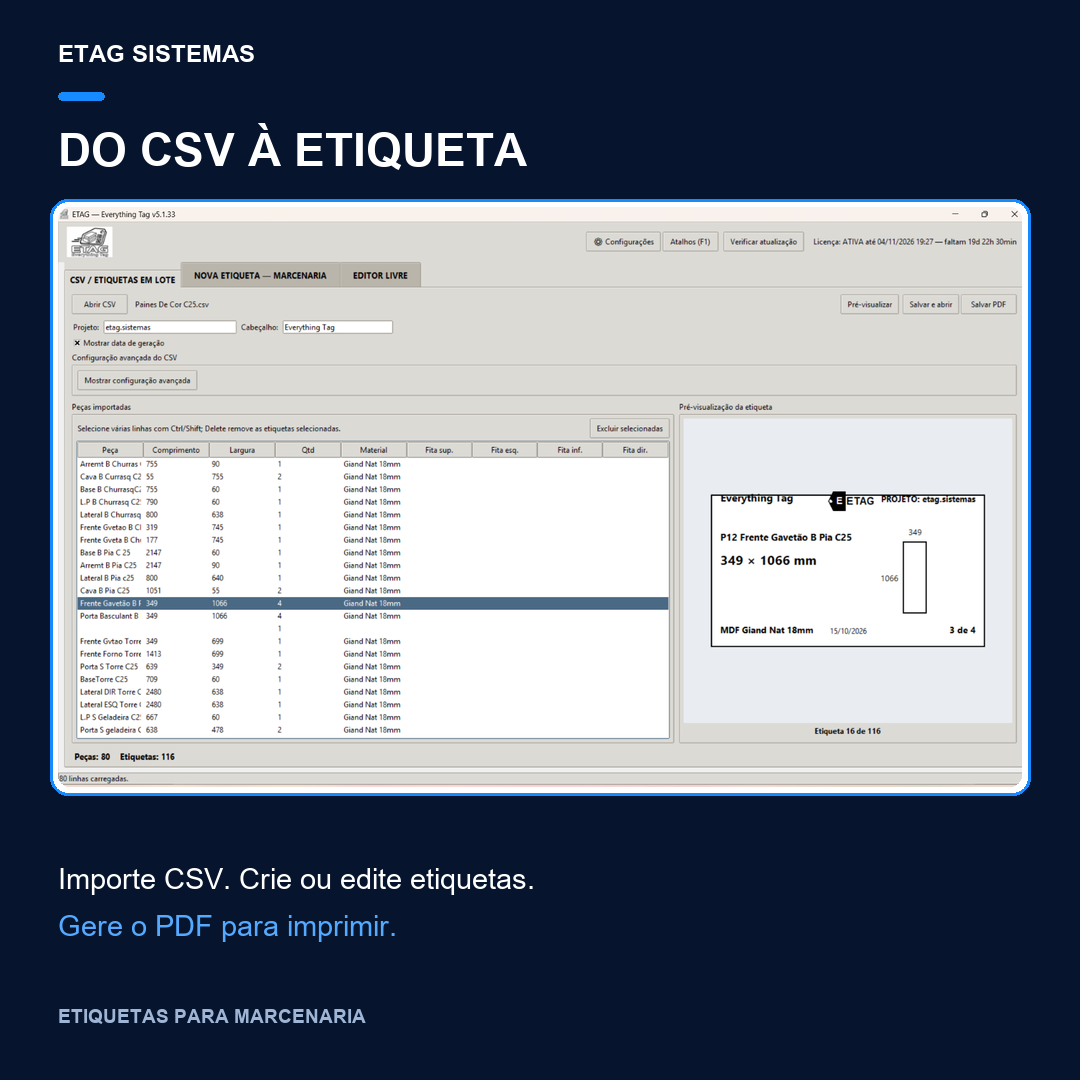 Tela do ETAG importando uma lista CSV e mostrando etiquetas prontas para gerar PDF.
