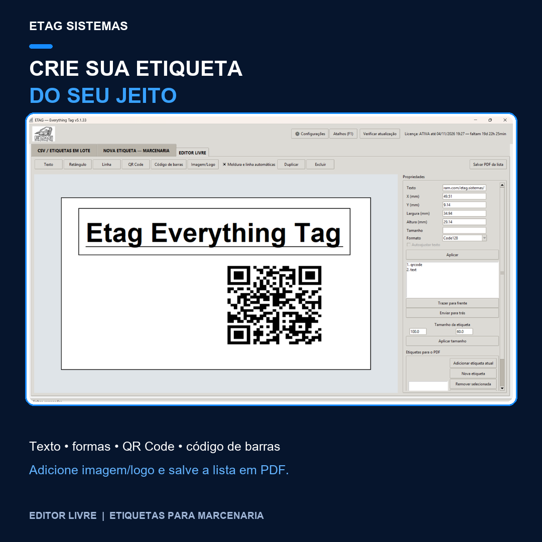 Tela do Editor Livre do ETAG com opções de texto, formas, QR Code e código de barras.